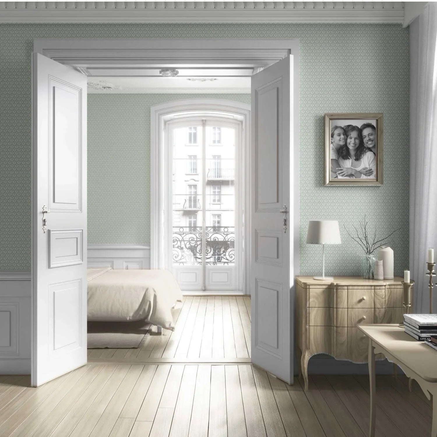 Small Floral Lattice/ Leaf Textured Living Room Wallpaper (Pastel Blue)