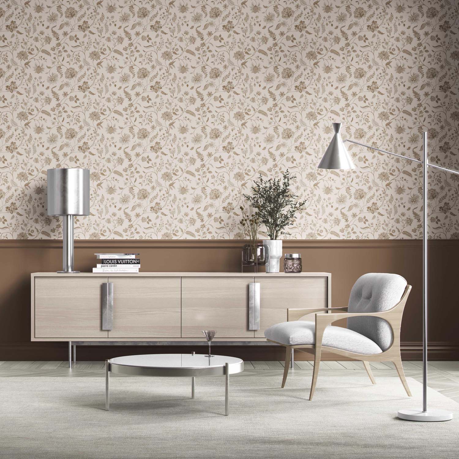 Neutral Floral/ Botanical Patterned Kitchen Wallpaper (Beige/ Brown/ Soft Taupe)