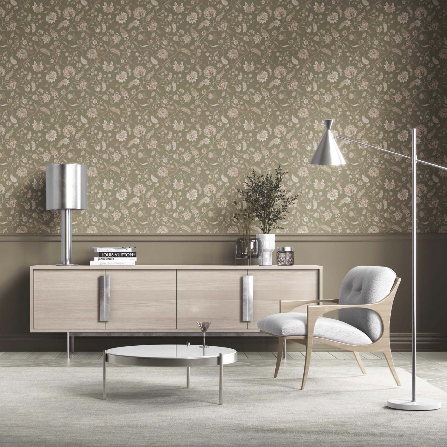 Floral/ Botanical Patterned Kitchen Wallpaper (Olive Green/ Beige)