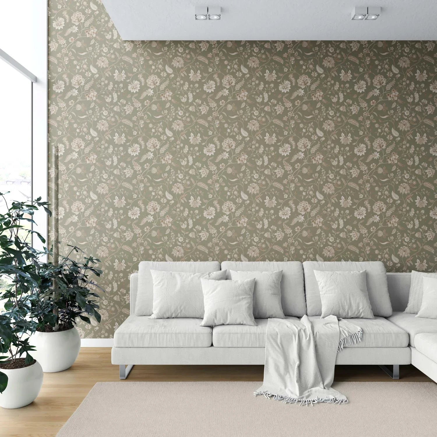 Floral/ Botanical Patterned Shower Toilet Wallpaper (Olive Green/ Beige)