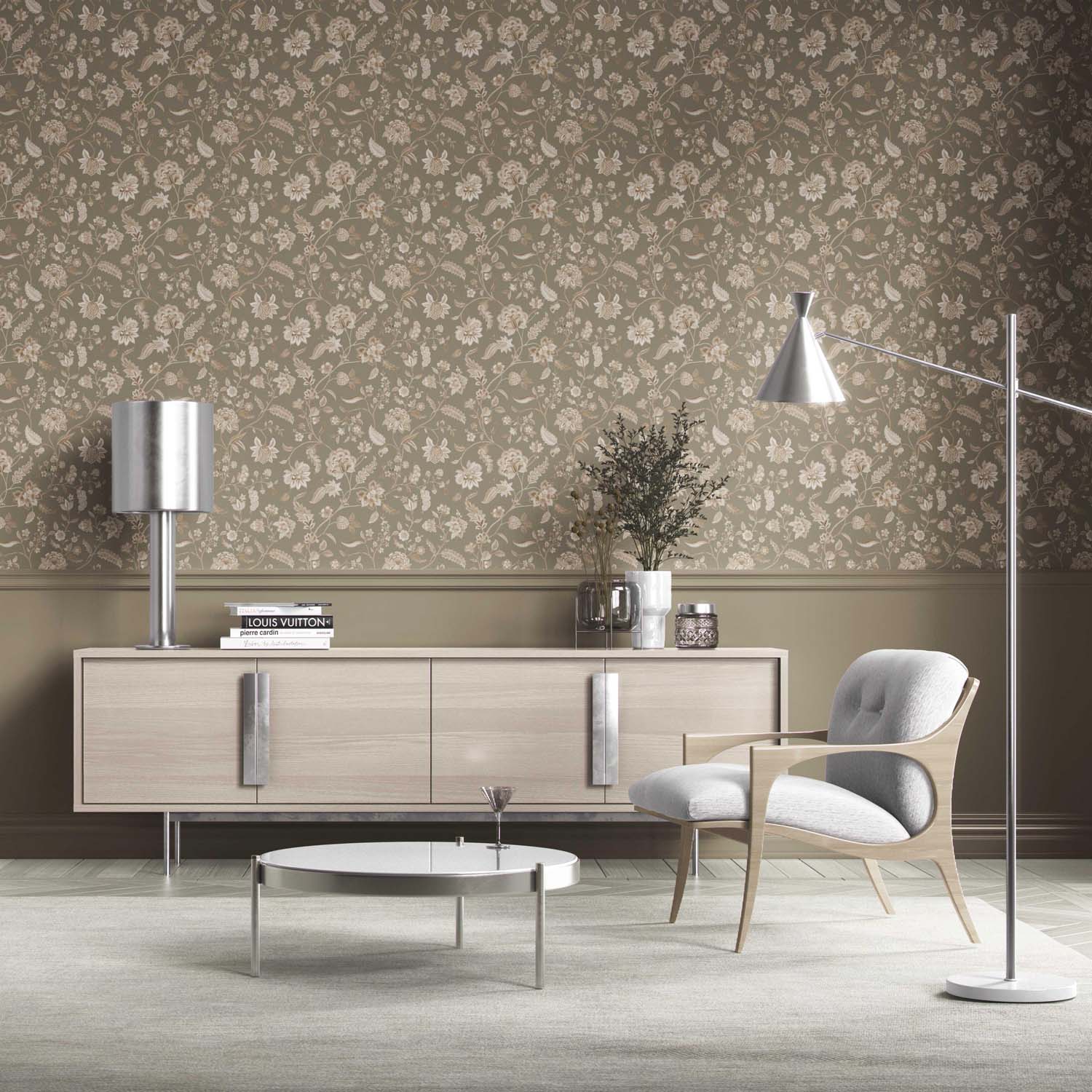 Floral/ Botanical Patterned Kitchen Wallpaper (Olive Green/ Brown/ Beige)