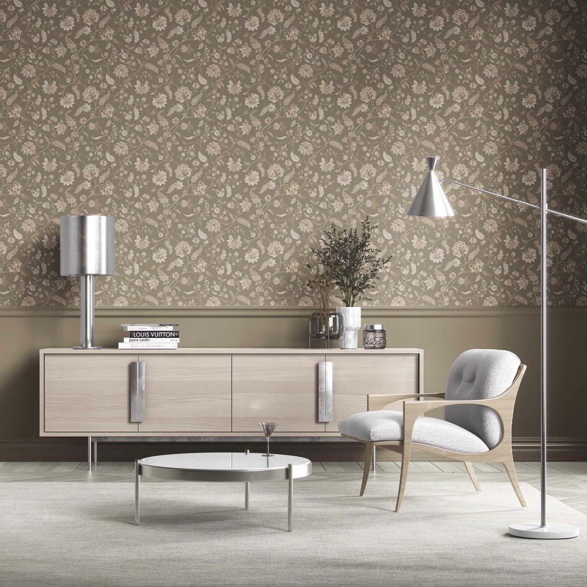 Floral/ Botanical Patterned Kitchen Wallpaper (Olive Green/ Brown/ Beige)
