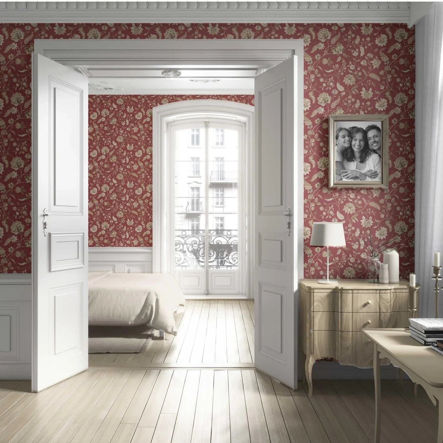 Floral/ Botanical Patterned Living Room Wallpaper (Red/ Maroon/ Beige)