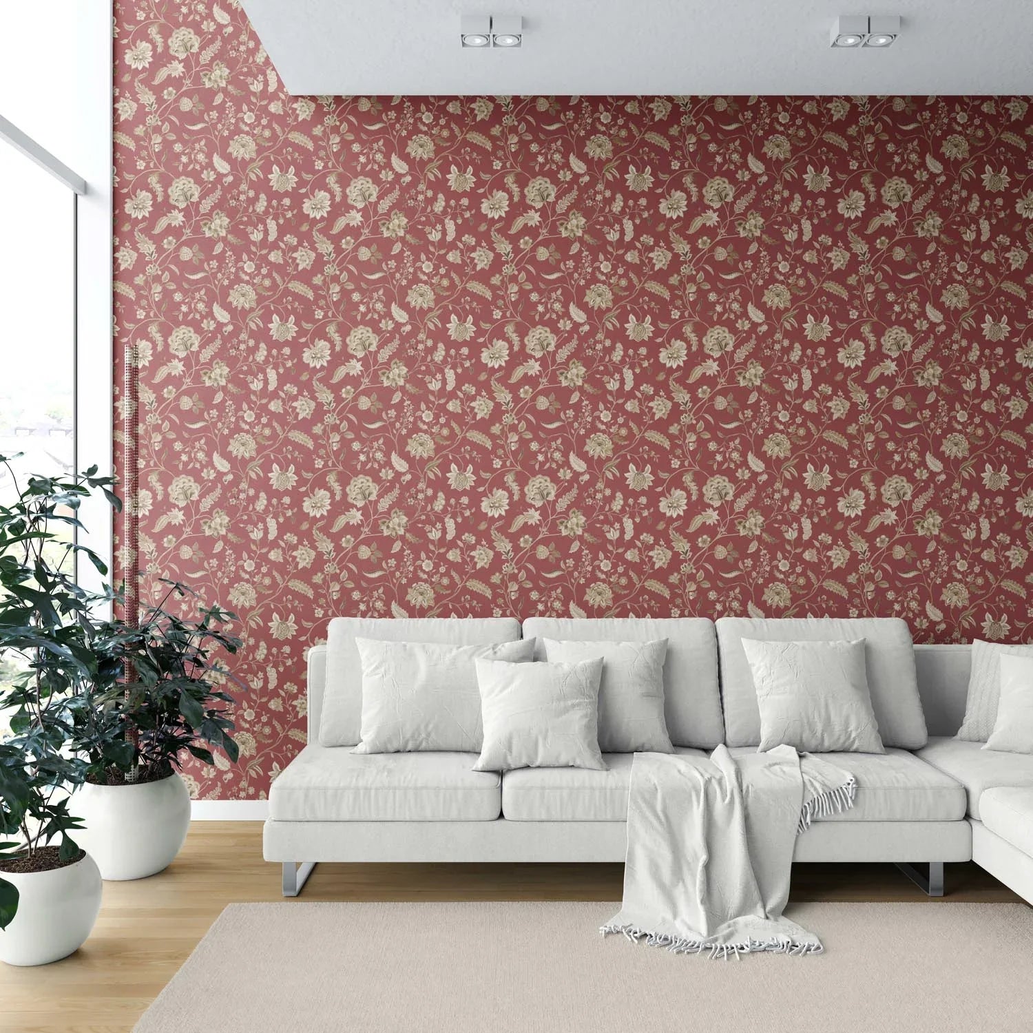 Floral/ Botanical Patterned Shower Toilet Wallpaper (Red/ Maroon/ Beige)