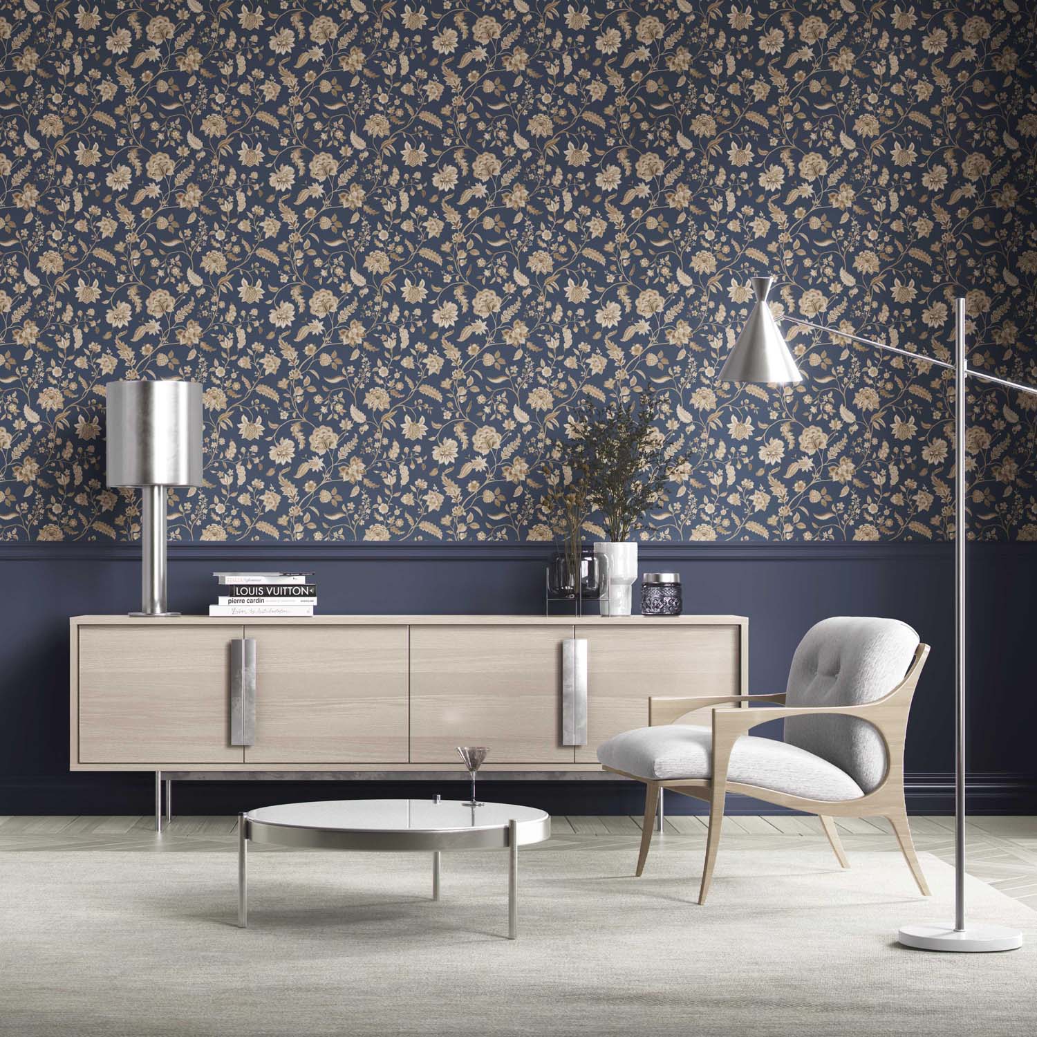 Floral/ Botanical Patterned Kitchen Wallpaper (Navy Blue/ Beige)