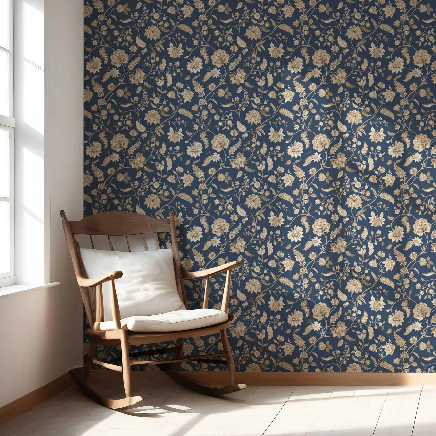 Floral/ Botanical Patterned Nursery Wallpaper (Navy Blue/ Beige)