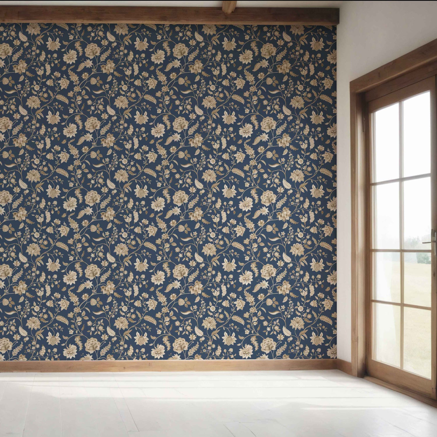 Floral/ Botanical Patterned Bedroom Wallpaper (Navy Blue/ Beige)