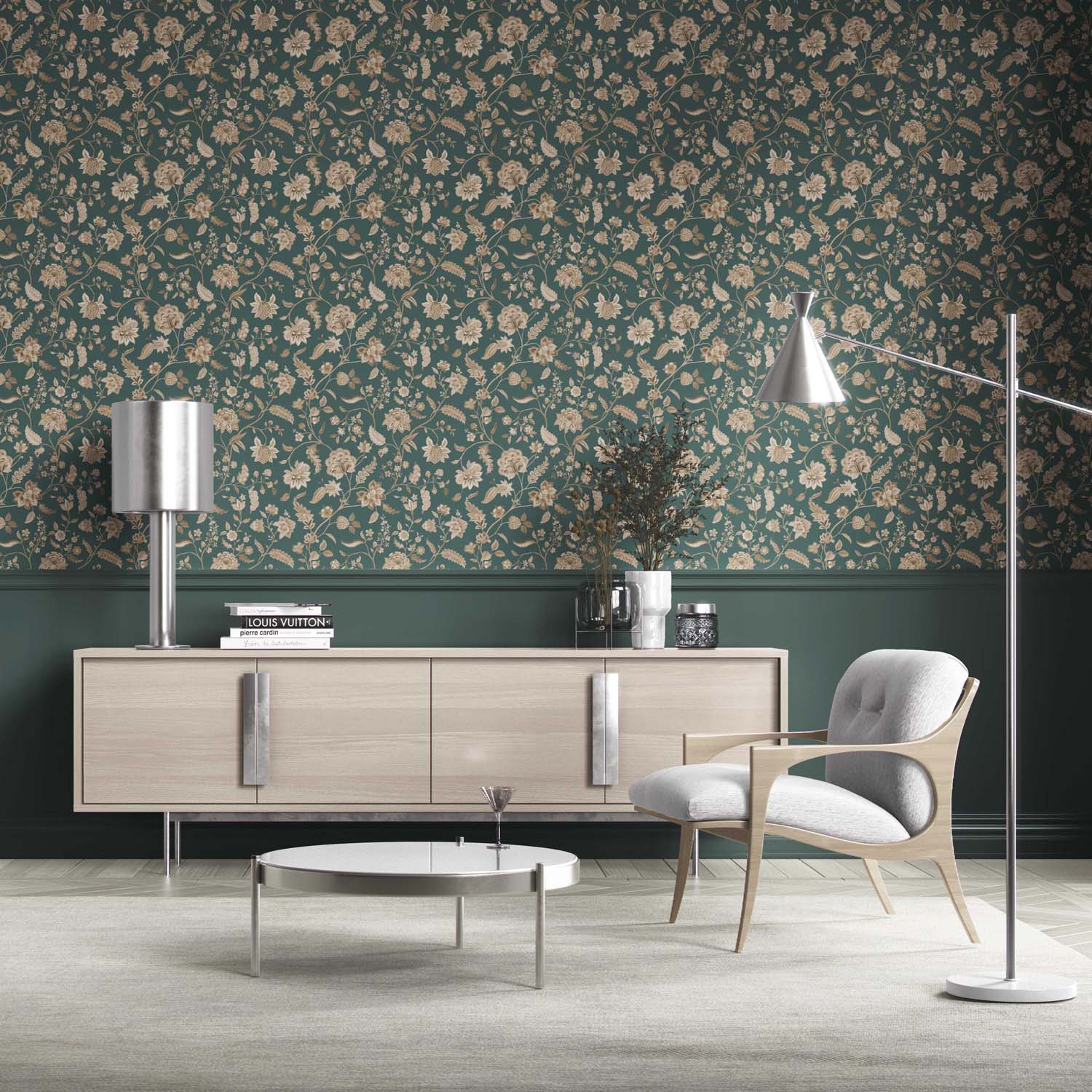 Floral/ Botanical Patterned Kitchen Wallpaper (Emerald Green/ Beige)