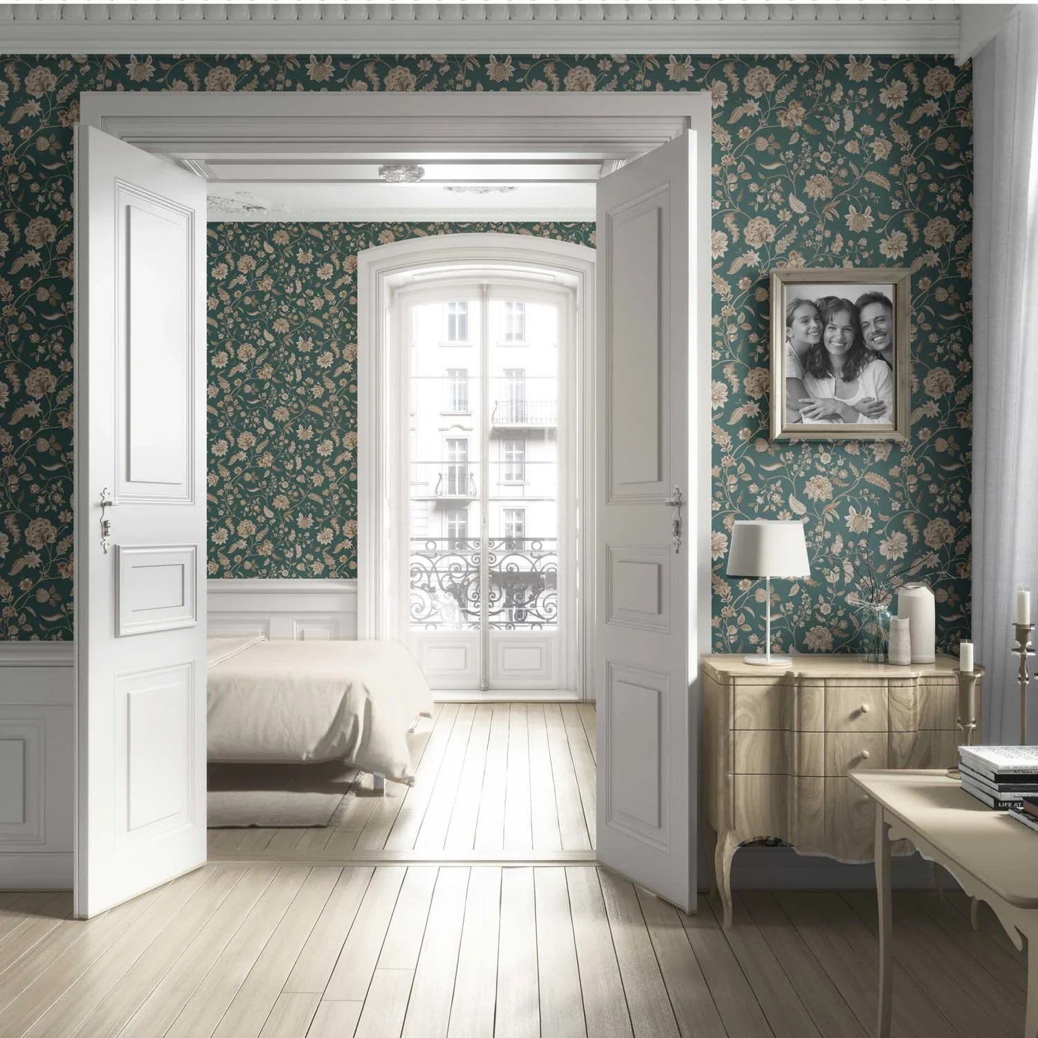 Floral/ Botanical Patterned Living Room Wallpaper (Emerald Green/ Beige)