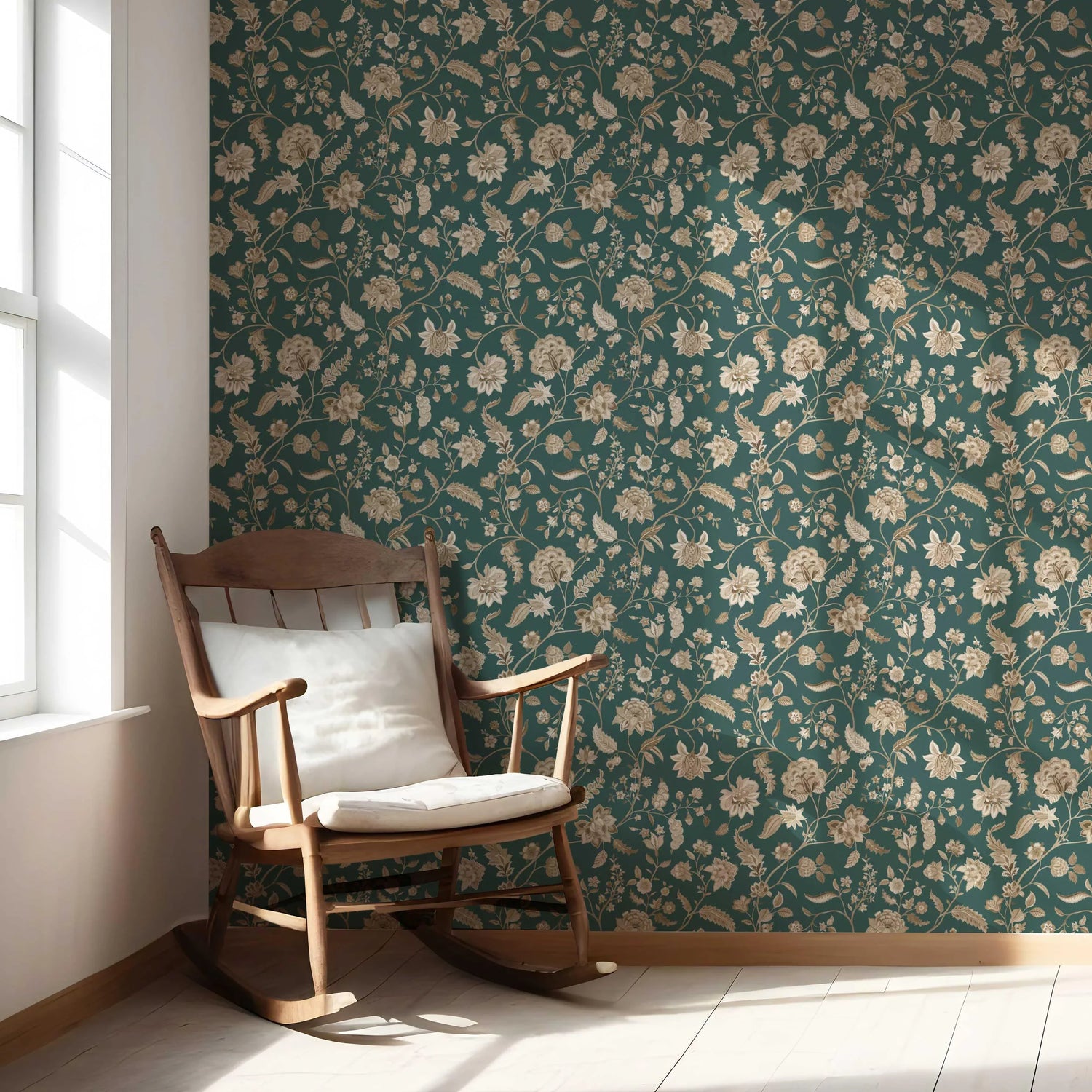 Floral/ Botanical Patterned Nursery Wallpaper (Emerald Green/ Beige)