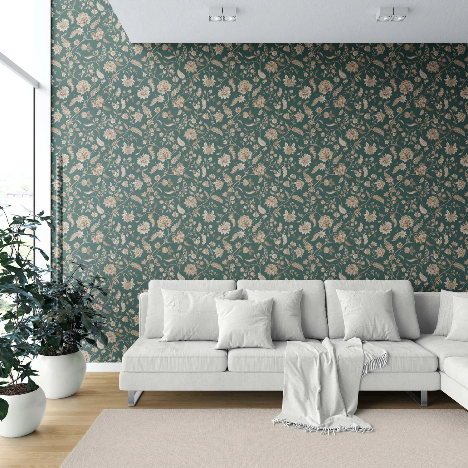 Floral/ Botanical Patterned Shower Toilet Wallpaper (Emerald Green/ Beige)