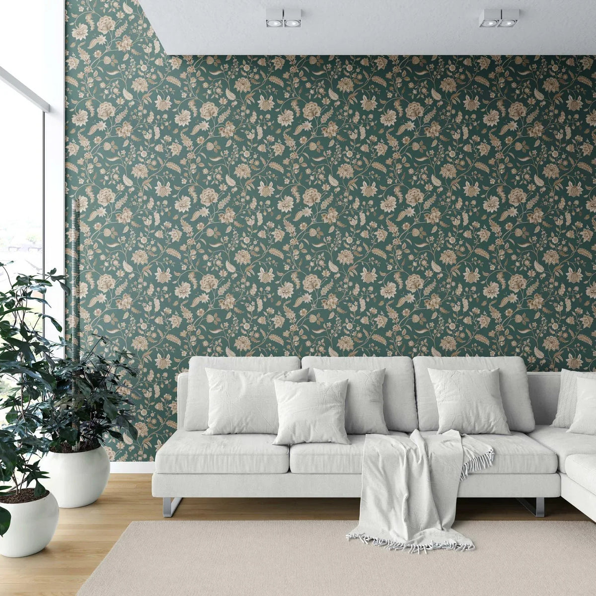 Floral/ Botanical Patterned Shower Toilet Wallpaper (Emerald Green/ Beige)