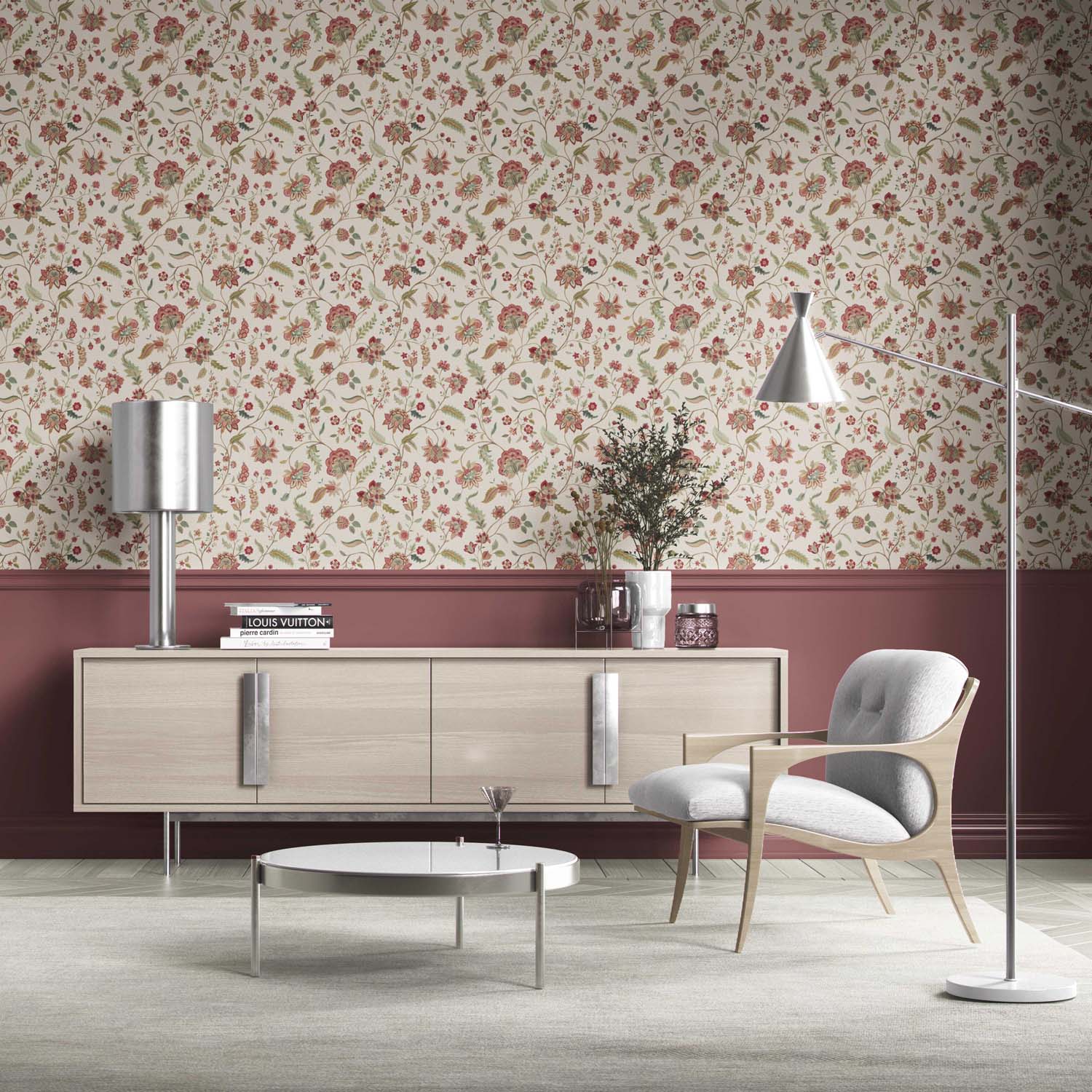 Floral/ Botanical Patterned Kitchen Wallpaper (Red/ Green/ Soft Taupe)