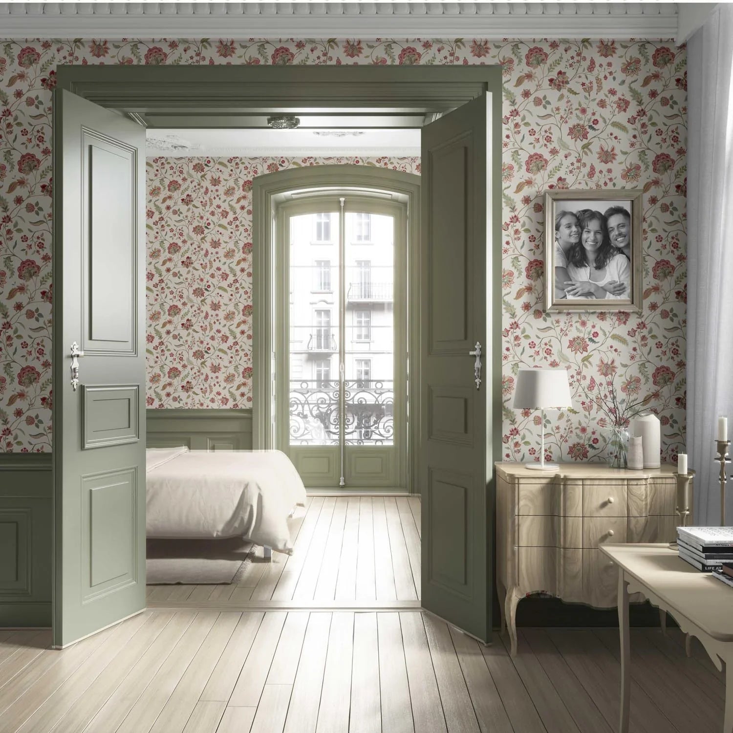 Floral/ Botanical Patterned Living Room Wallpaper (Red/ Green/ Soft Taupe)