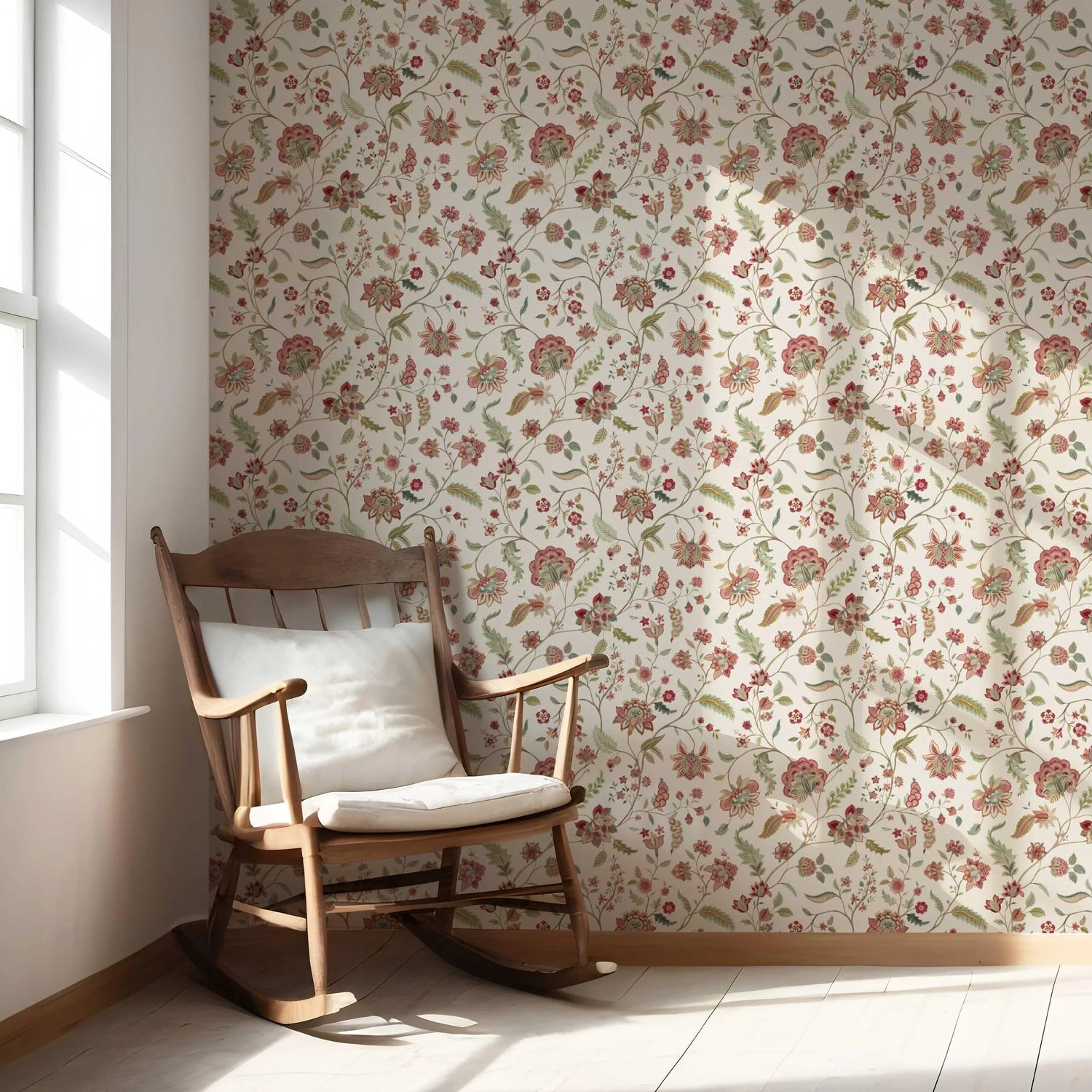Floral/ Botanical Patterned Nursery Wallpaper (Red/ Green/ Soft Taupe)