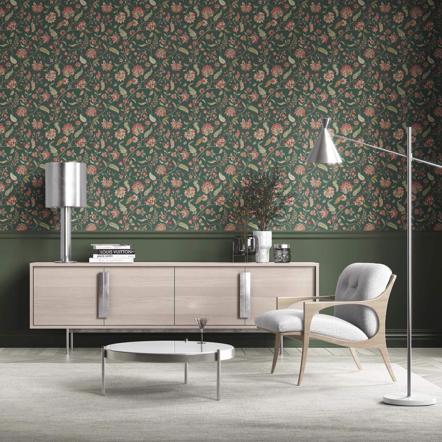 Floral/ Botanical Patterned Kitchen Wallpaper (Green/ Red/ Pink)