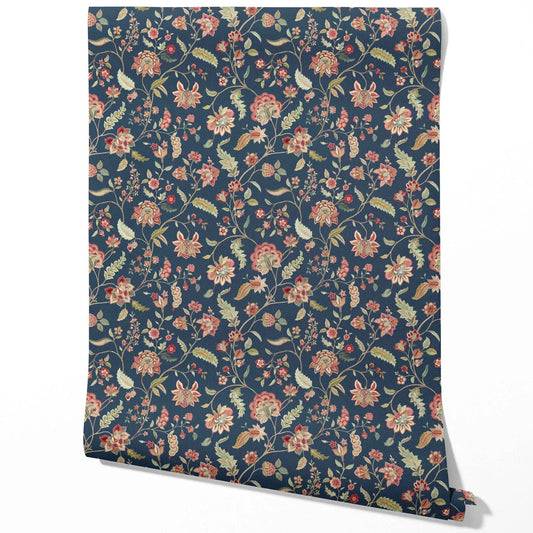 Floral/ Botanical Patterned Traditional Wallpaper (Navy Blue/ Red/ Pink/ Green)