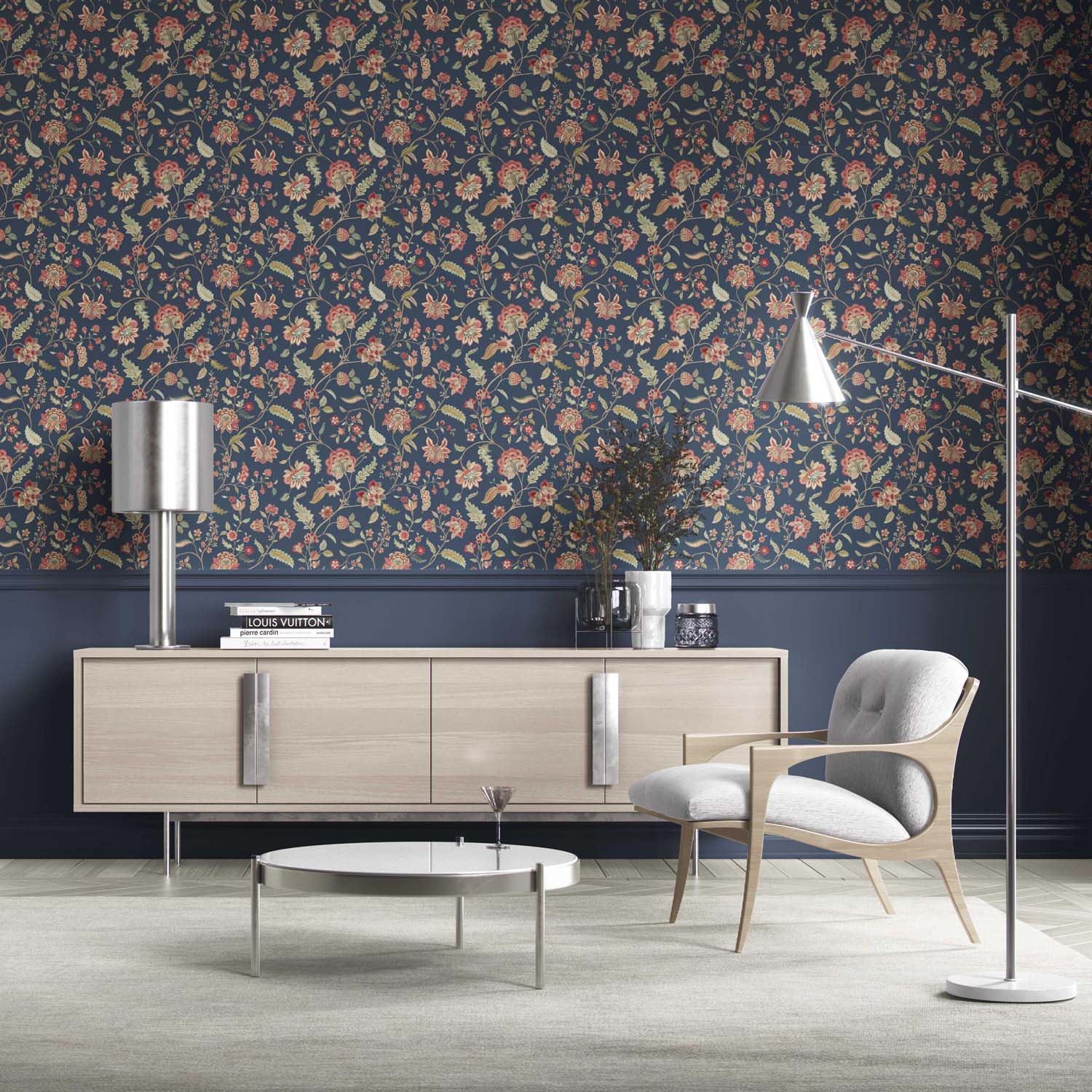 Floral/ Botanical Patterned Kitchen Wallpaper (Navy Blue/ Red/ Pink/ Green)