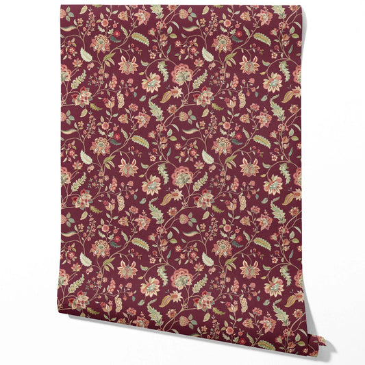 Floral/ Botanical Patterned Traditional Wallpaper (Deep Maroon/ Burgundy/ Pink/ Green)