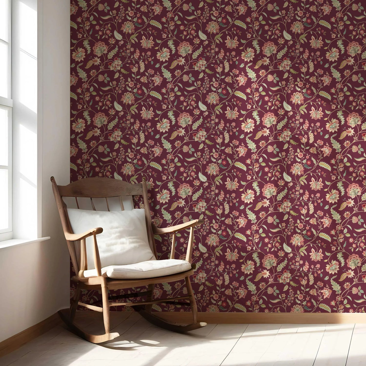 Floral/ Botanical Patterned Nursery Wallpaper (Deep Maroon/ Burgundy/ Pink/ Green)