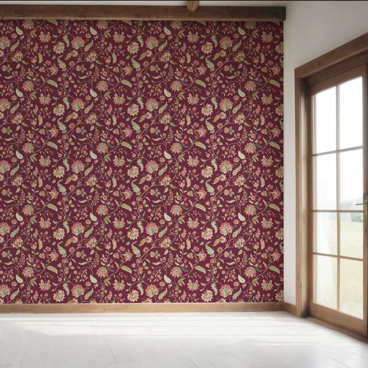 Floral/ Botanical Patterned Bedroom Wallpaper (Deep Maroon/ Burgundy/ Pink/ Green)