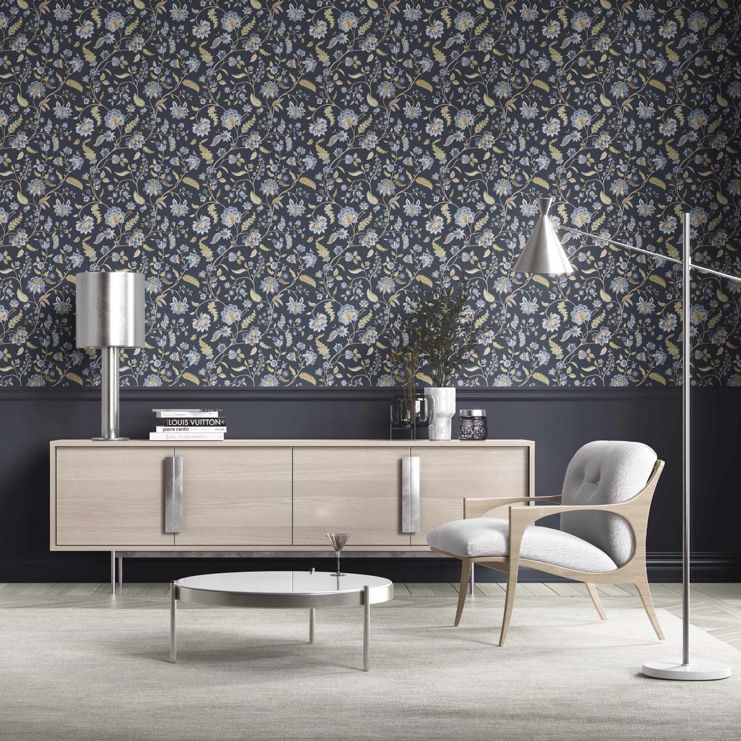 Floral/ Botanical Patterned Kitchen Wallpaper (Midnight Blue/ Pale Blue/ Green)