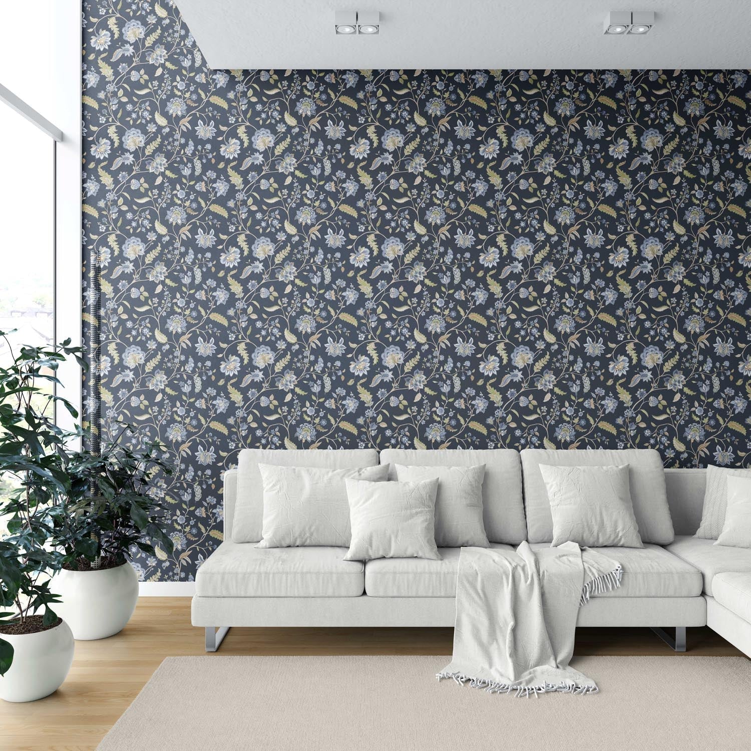Floral/ Botanical Patterned Shower Toilet Wallpaper (Midnight Blue/ Pale Blue/ Green)