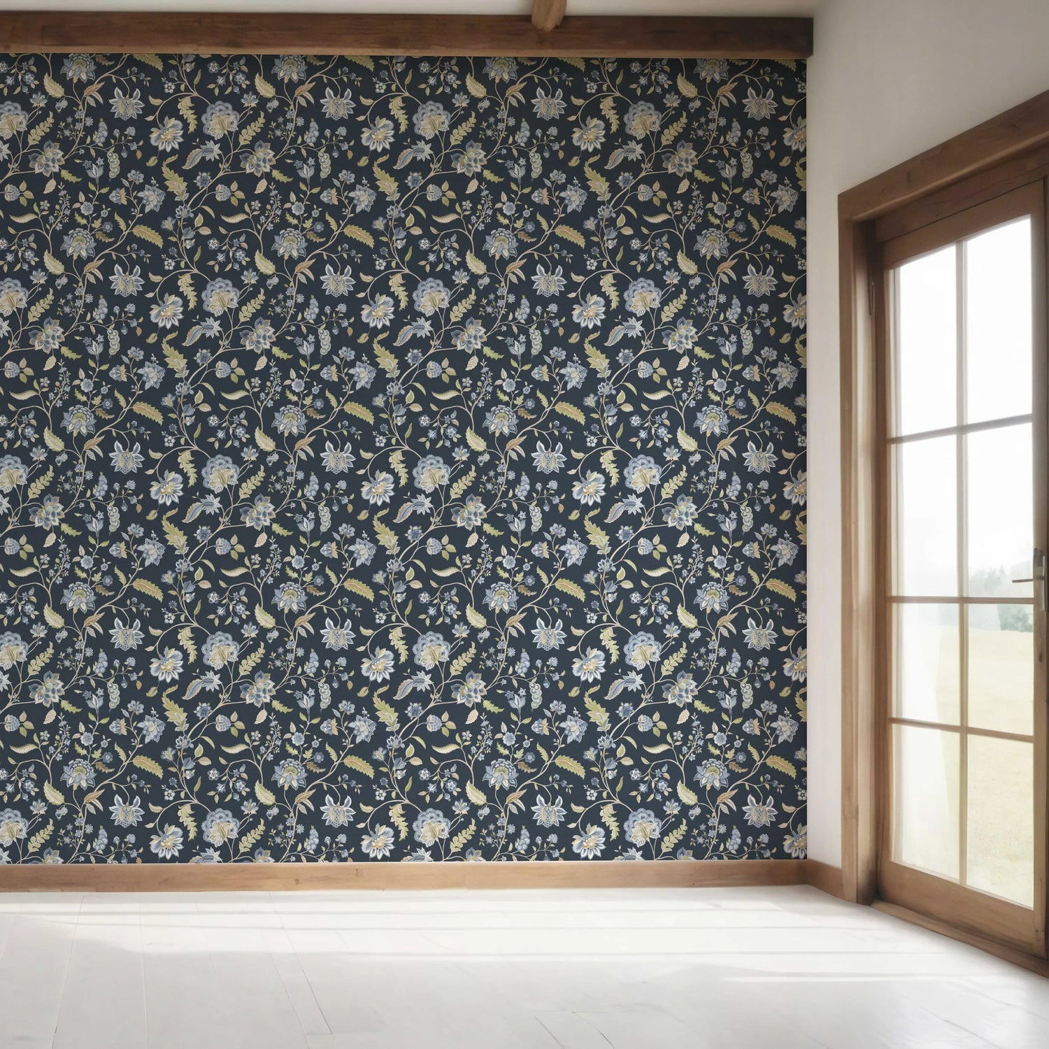 Floral/ Botanical Patterned Bedroom Wallpaper (Midnight Blue/ Pale Blue/ Green)