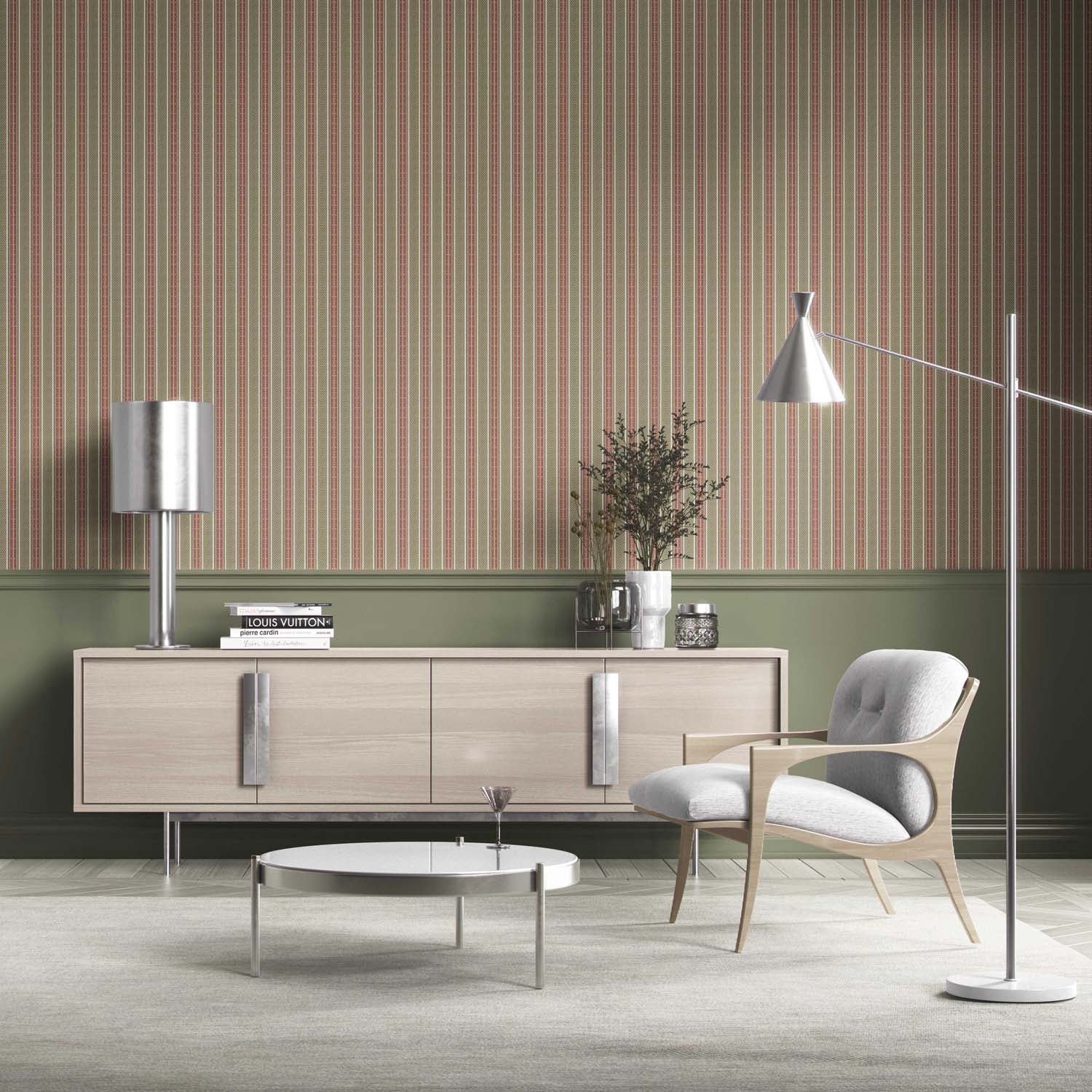 Geometric Striped Living Room Wallpaper (Red/ Green)