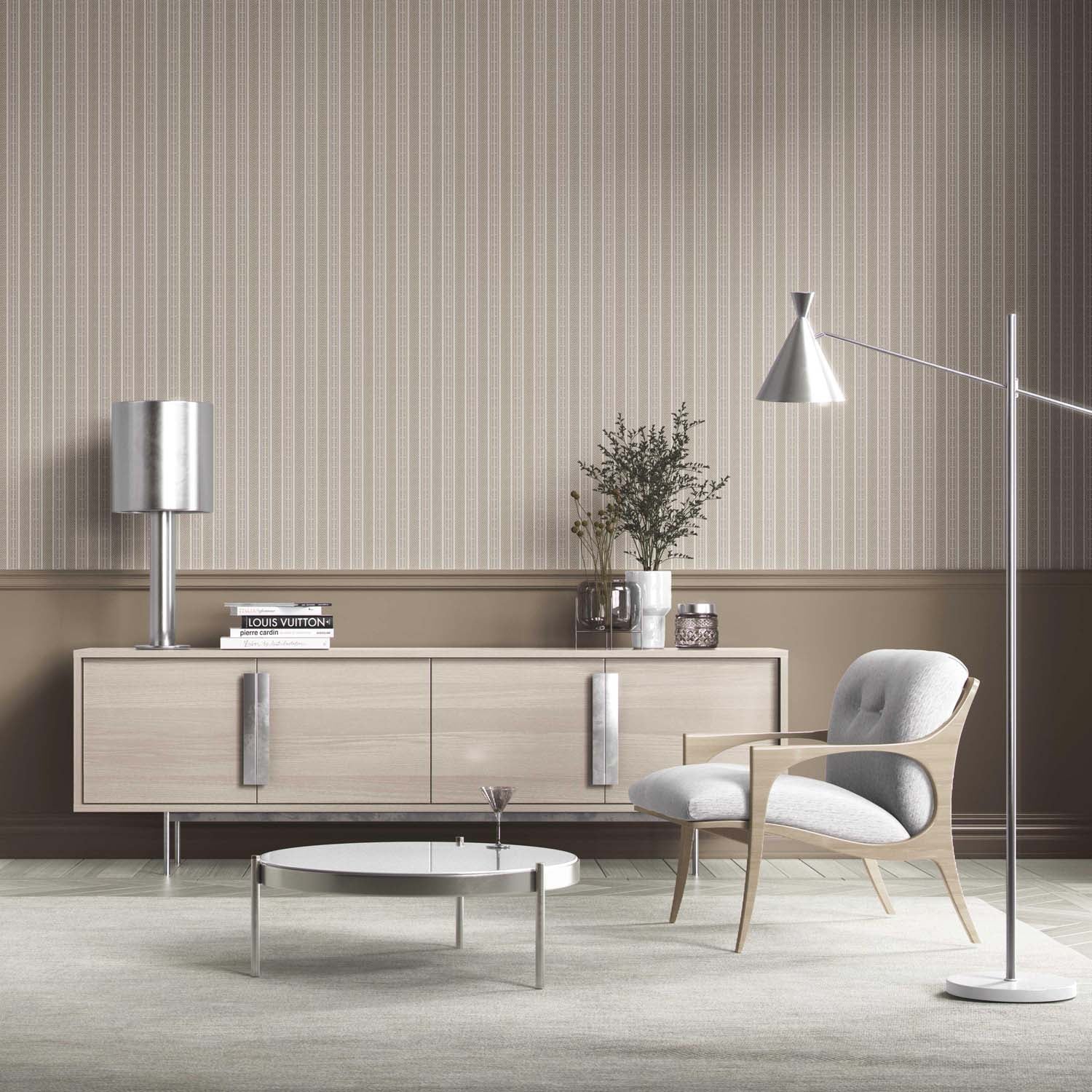Neutral Geometric Striped Living Room Wallpaper (Beige/ Brown/ Taupe)