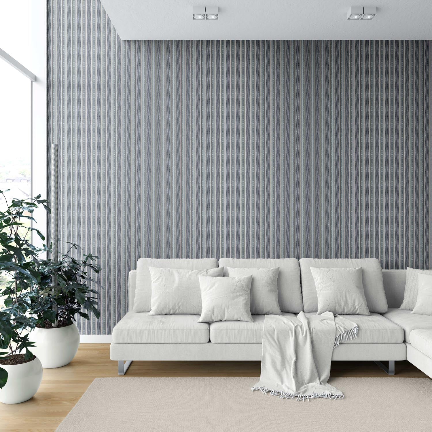 Geometric Striped Kitchen Wallpaper (Navy Blue/ Steel Gray)