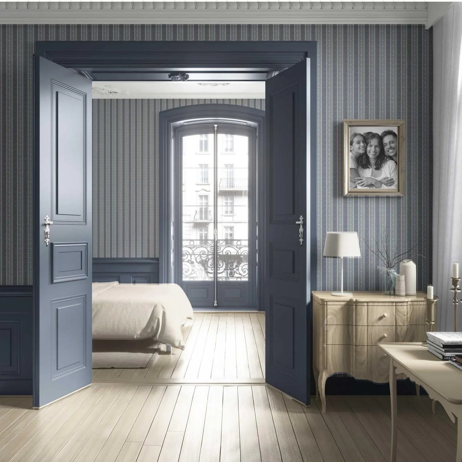 Geometric Striped Nursery Wallpaper (Navy Blue/ Steel Gray)