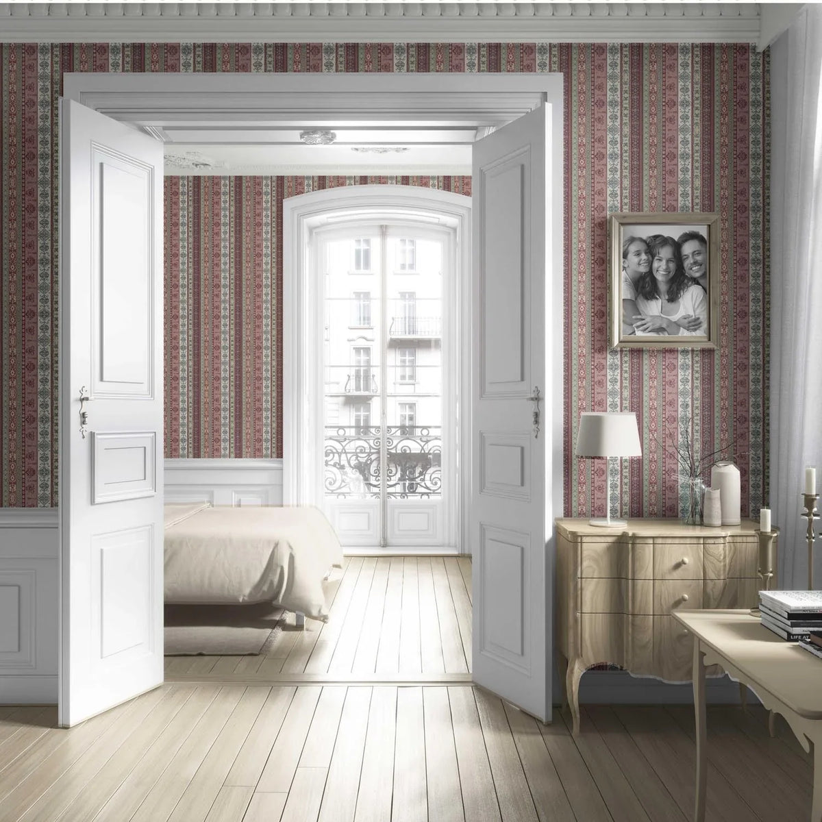 Vintage Bohemian Striped Living Room Wallpaper (Purple/ Pink/ Mauve/ Sage Green)