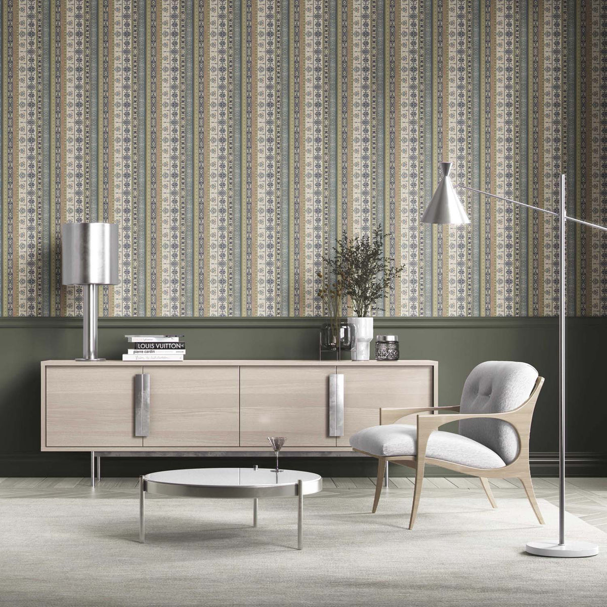 Vintage Bohemian Striped Kitchen Wallpaper (Navy Blue/ Olive Green/ Gray/ Brown)