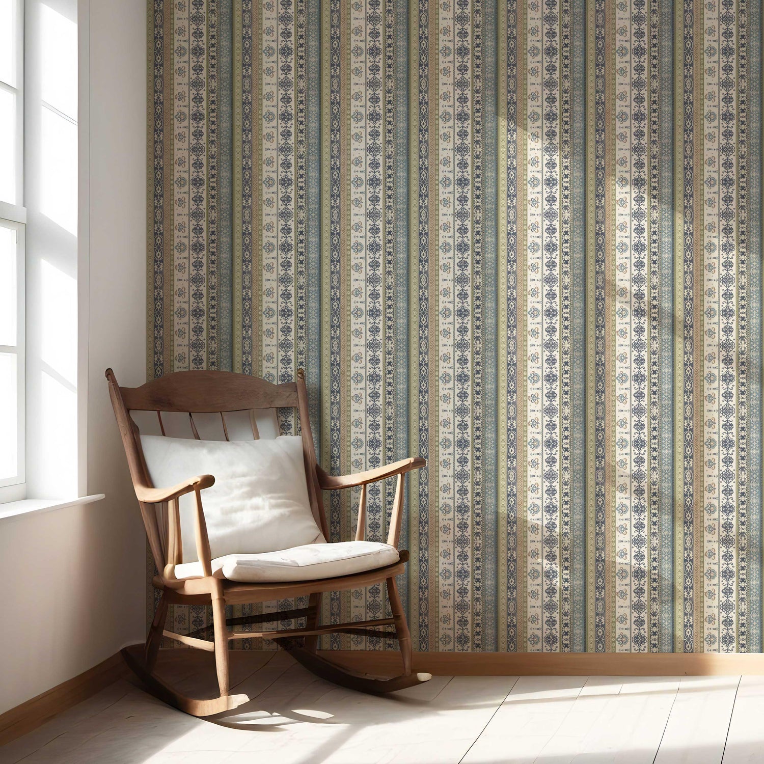 Vintage Bohemian Striped Nursery Wallpaper (Navy Blue/ Olive Green/ Gray/ Brown)