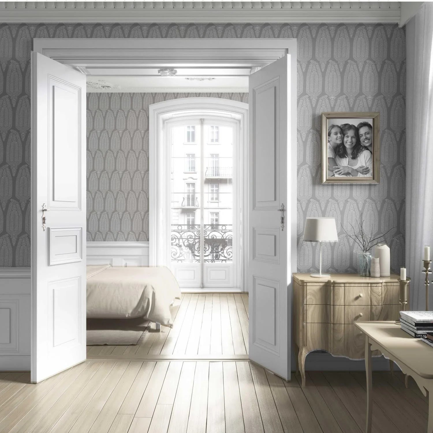 Neutral Paisley Floral Living Room Wallpaper (Gray/ White)