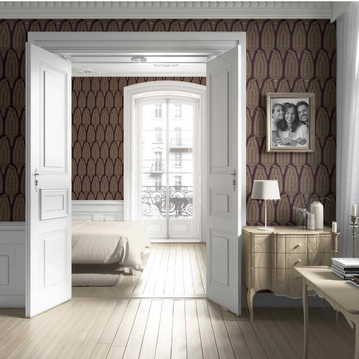 Paisley Floral Living Room Wallpaper (Deep Purple/ Burgundy/ Gold)