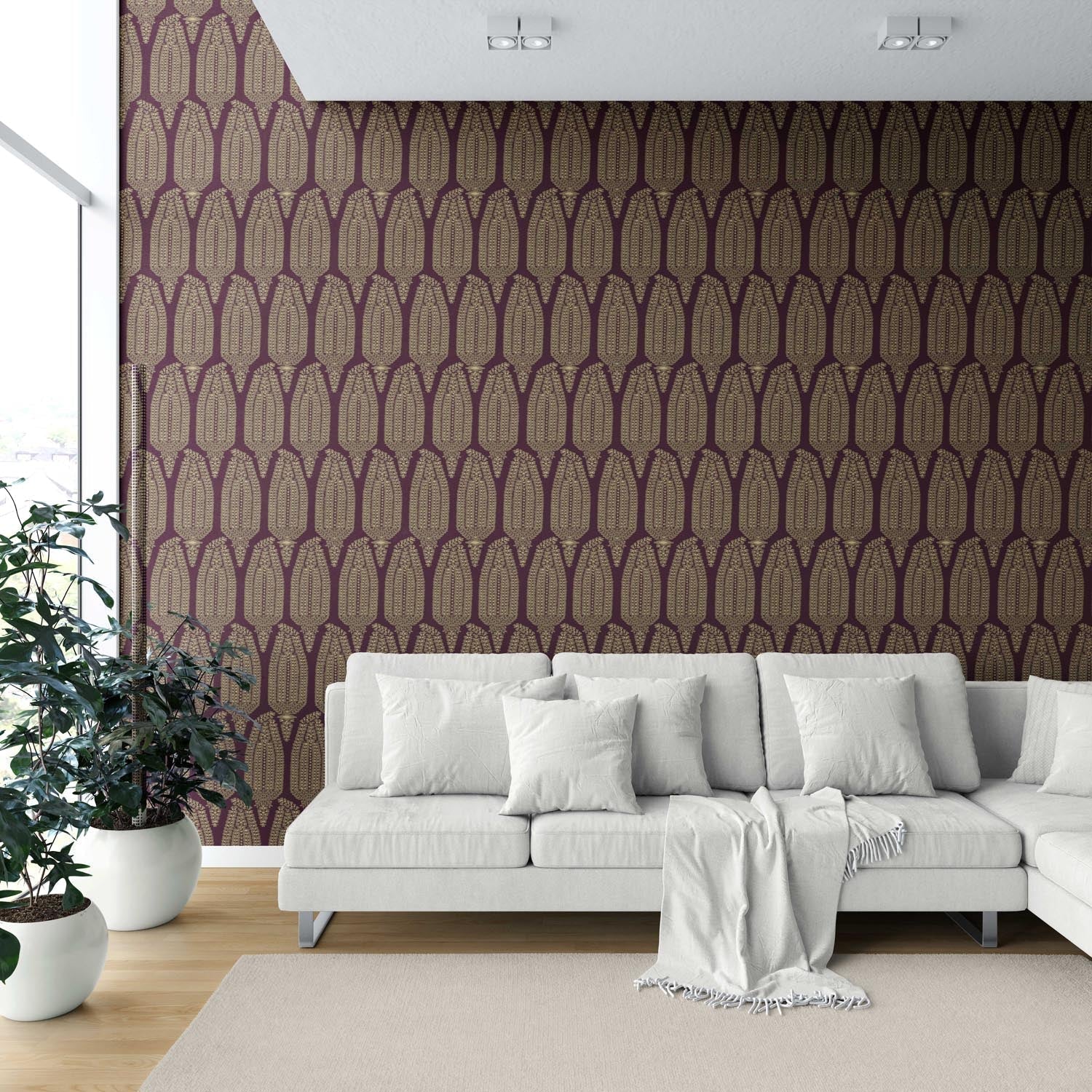 Paisley Floral Shower Toilet Wallpaper (Deep Purple/ Burgundy/ Gold)