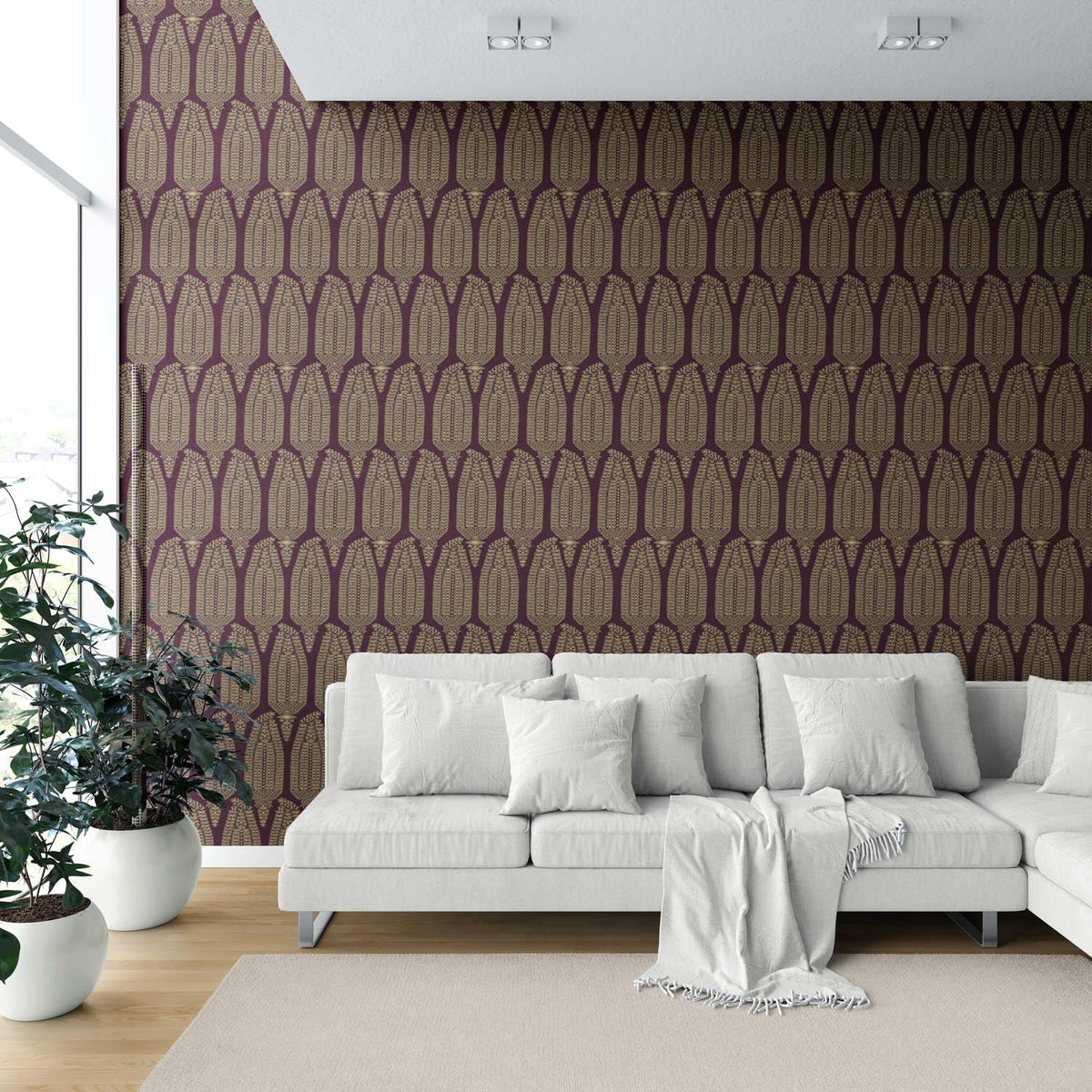 Paisley Floral Shower Toilet Wallpaper (Deep Purple/ Burgundy/ Gold)
