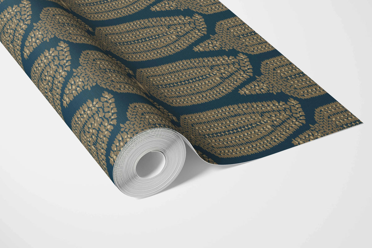 Paisley Floral Bathroom Wallpaper (Teal Blue/ Gold)