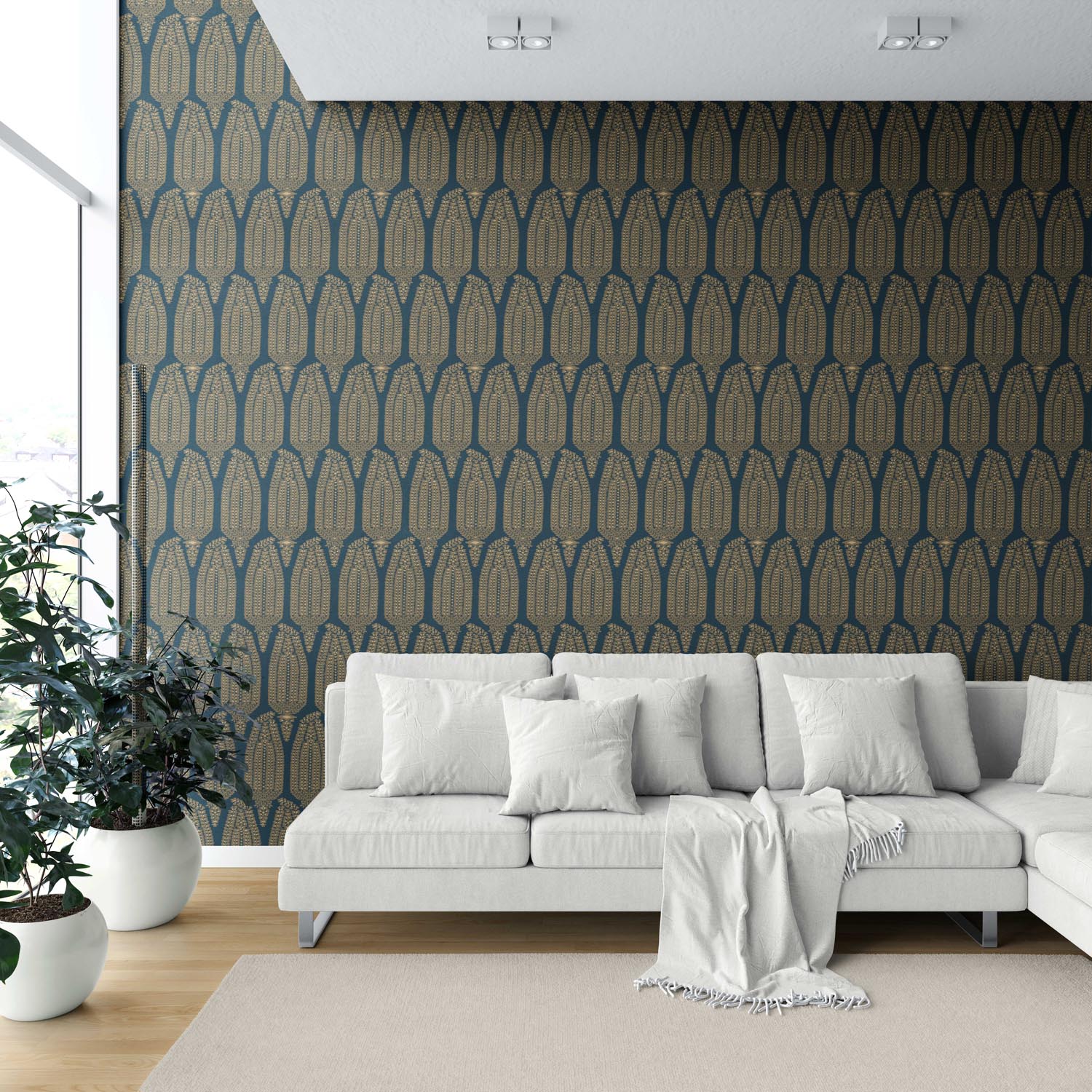 Paisley Floral Shower Toilet Wallpaper (Teal Blue/ Gold)
