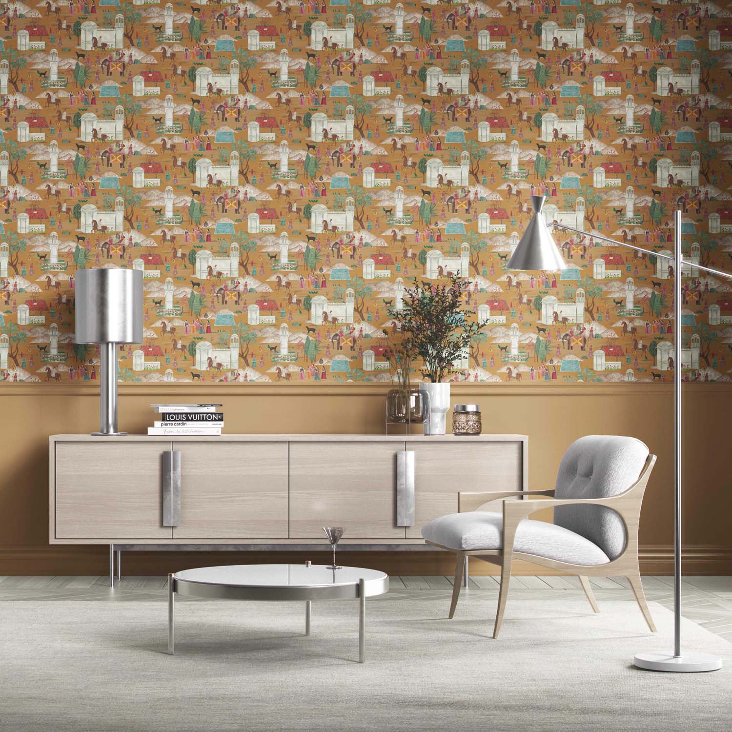 Ethnic/ Heritage/ Horses & Castles Print Kitchen Wallpaper (Yellow/ Red/ Green/ Blue/ Pink)