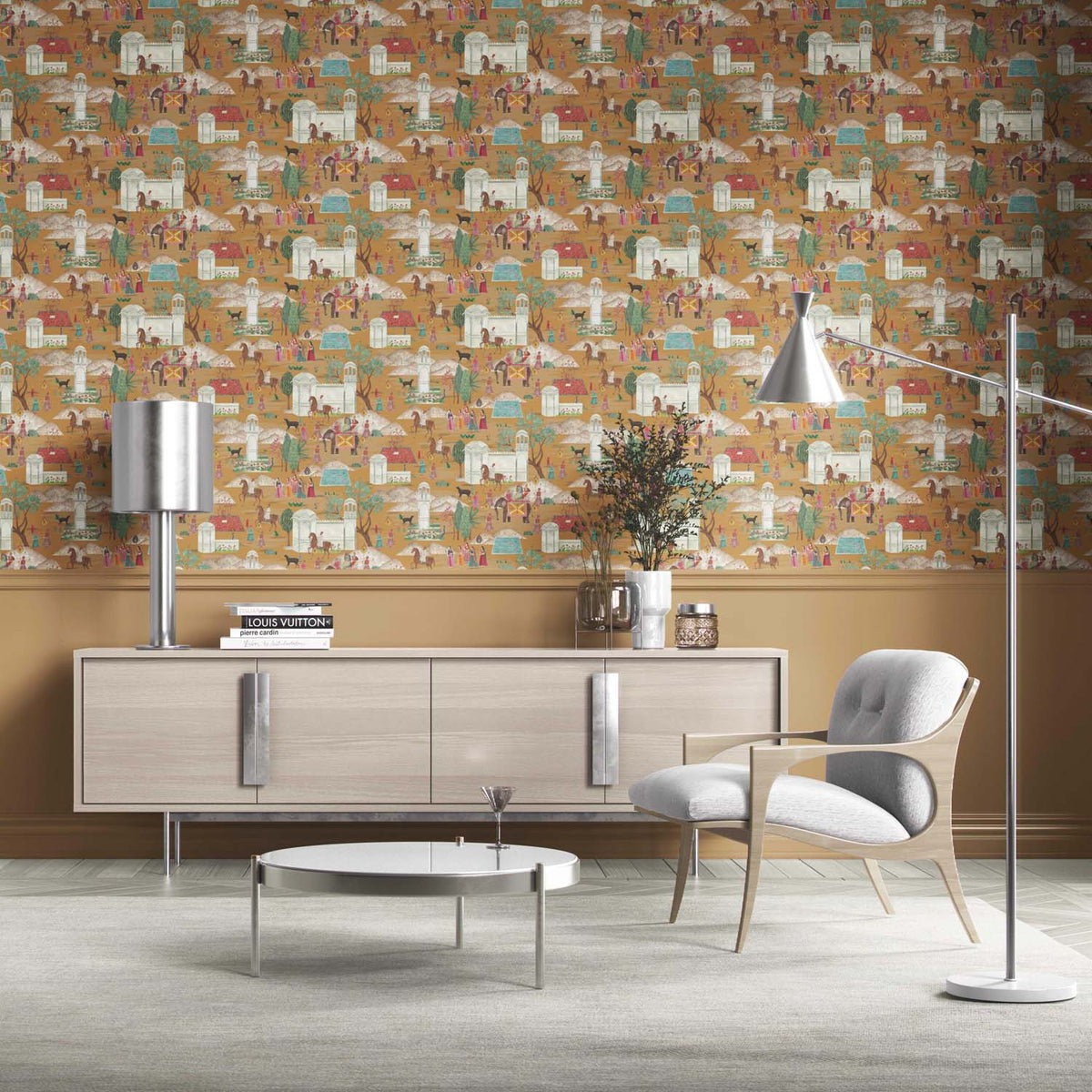 Ethnic/ Heritage/ Horses & Castles Print Kitchen Wallpaper (Yellow/ Red/ Green/ Blue/ Pink)