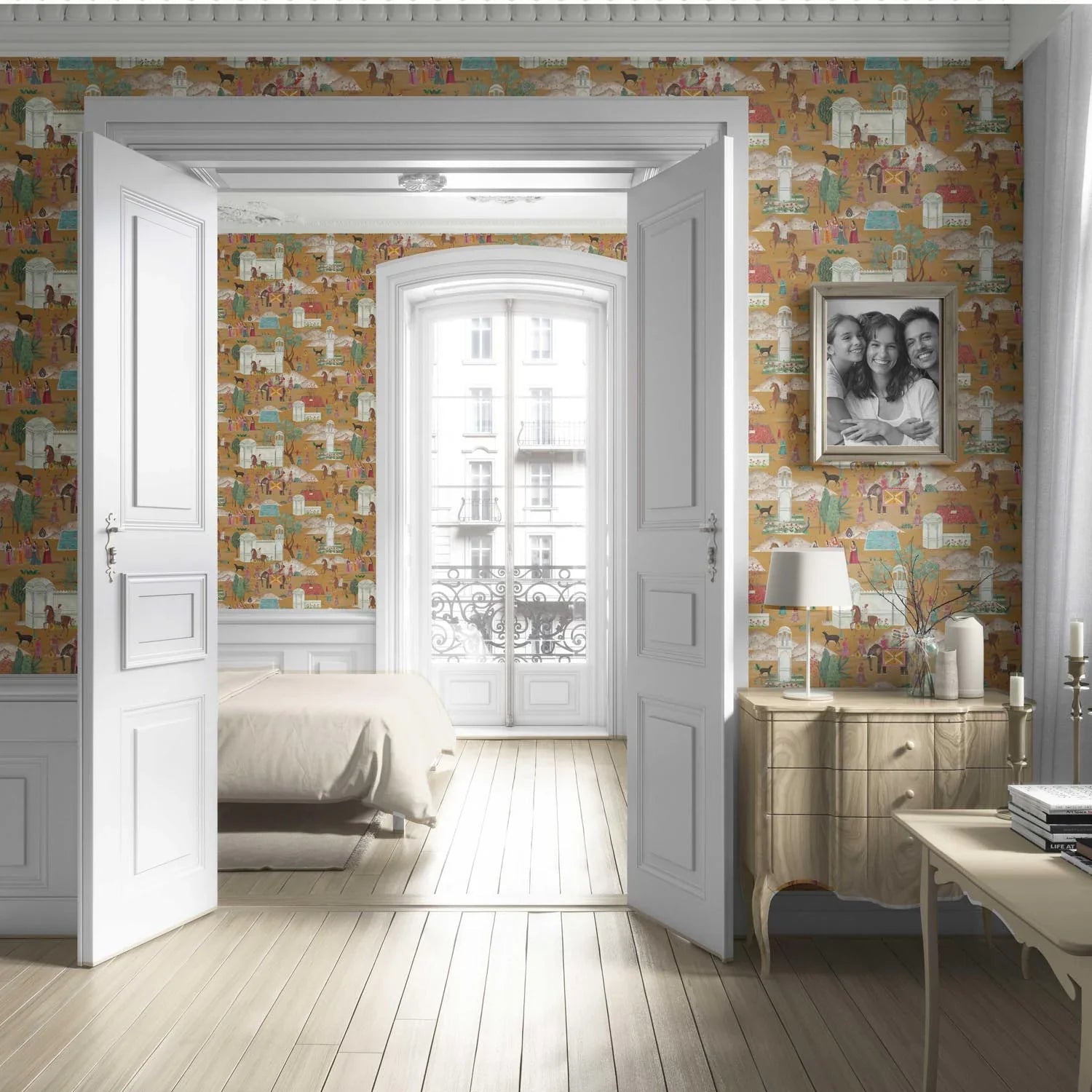 Ethnic/ Heritage/ Horses & Castles Print Living Room Wallpaper (Yellow/ Red/ Green/ Blue/ Pink)