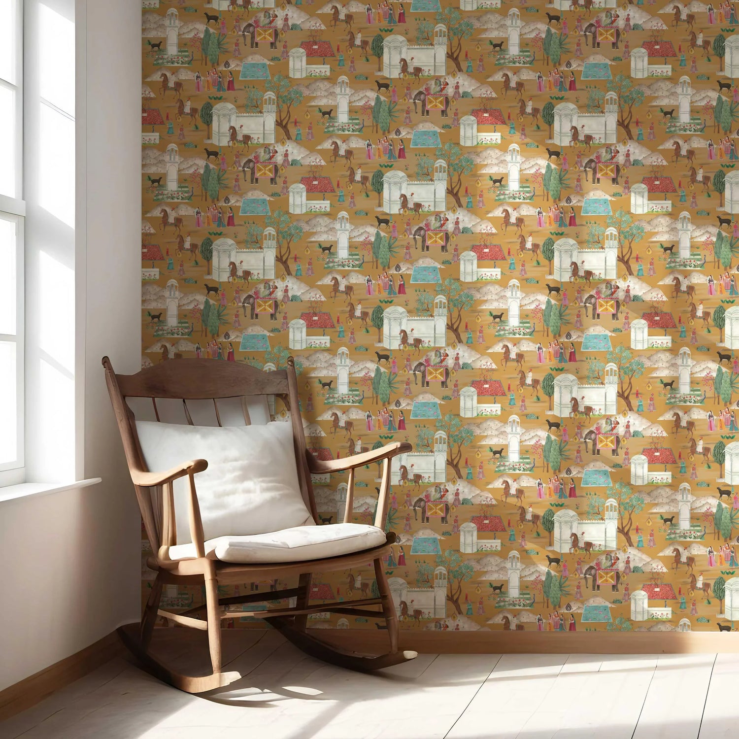 Ethnic/ Heritage/ Horses & Castles Print Nursery Wallpaper (Yellow/ Red/ Green/ Blue/ Pink)