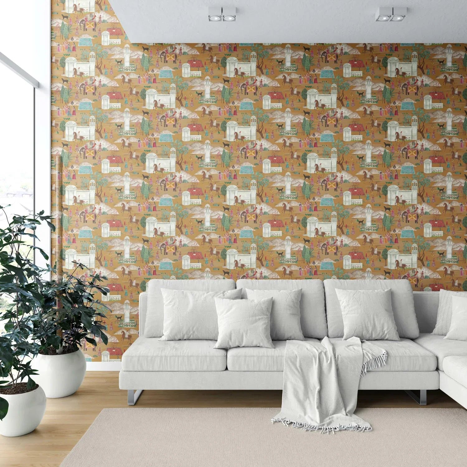 Ethnic/ Heritage/ Horses & Castles Print Shower Toilet Wallpaper (Yellow/ Red/ Green/ Blue/ Pink)