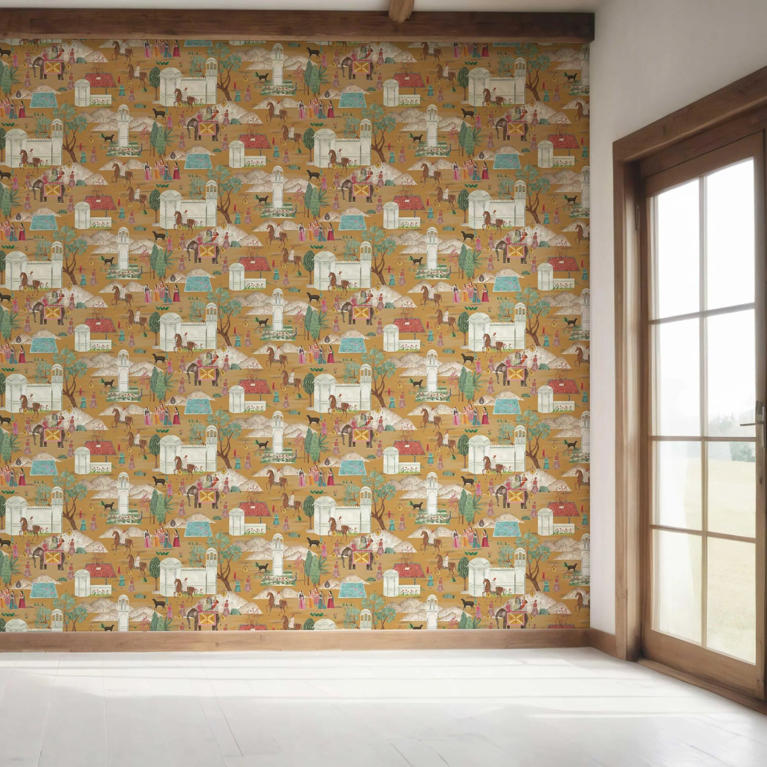 Ethnic/ Heritage/ Horses & Castles Print Bedroom Wallpaper (Yellow/ Red/ Green/ Blue/ Pink)
