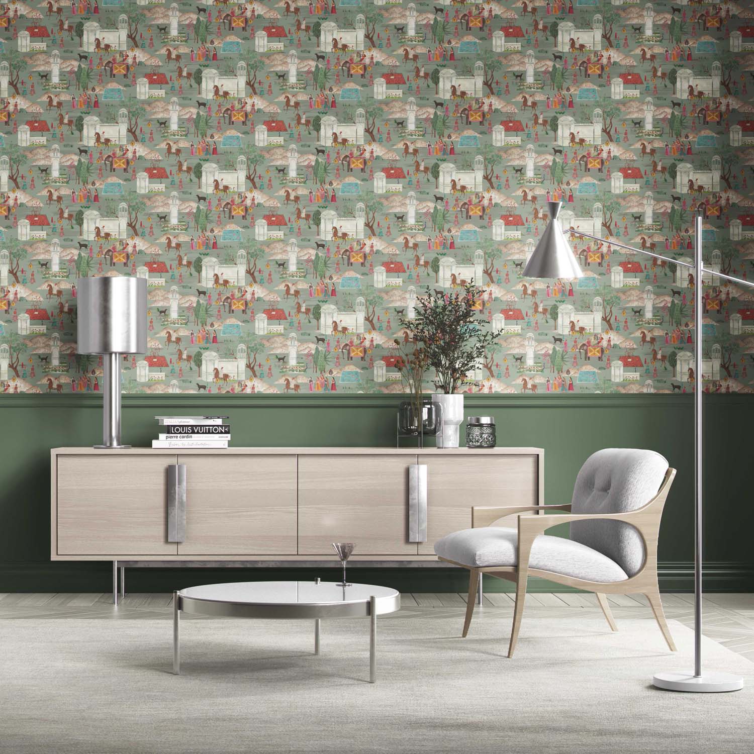 Ethnic/ Heritage/ Horses & Castles Print Kitchen Wallpaper (Green/ Blue/ Red/ Pink/ Yellow)