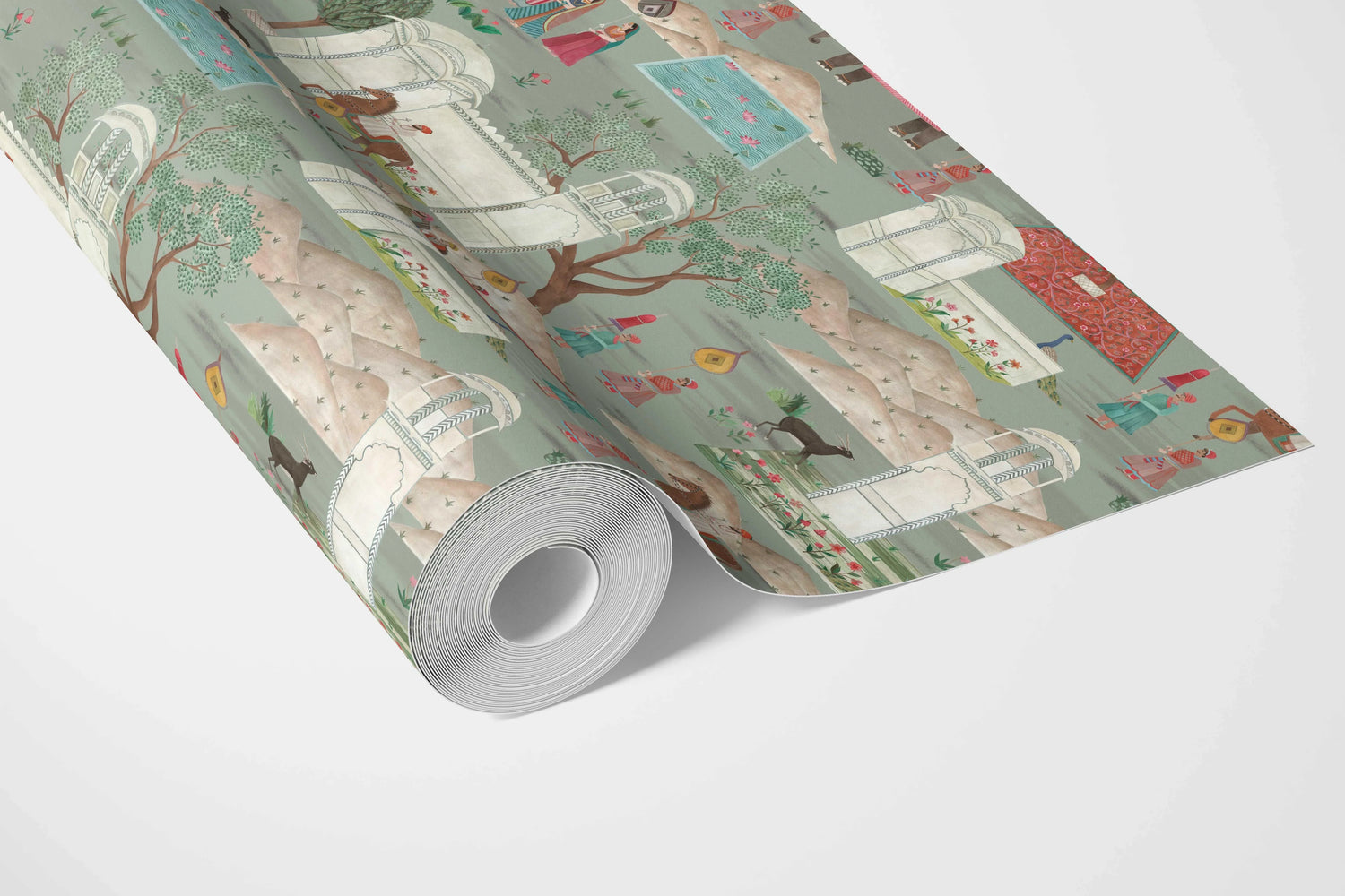 Ethnic/ Heritage/ Horses & Castles Print Bathroom Wallpaper (Green/ Blue/ Red/ Pink/ Yellow)
