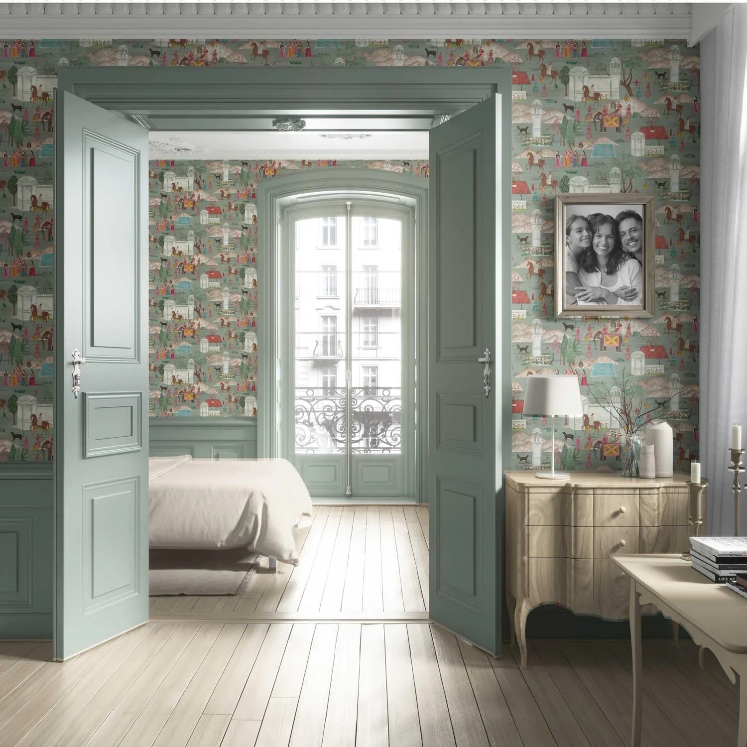 Ethnic/ Heritage/ Horses & Castles Print Living Room Wallpaper (Green/ Blue/ Red/ Pink/ Yellow)